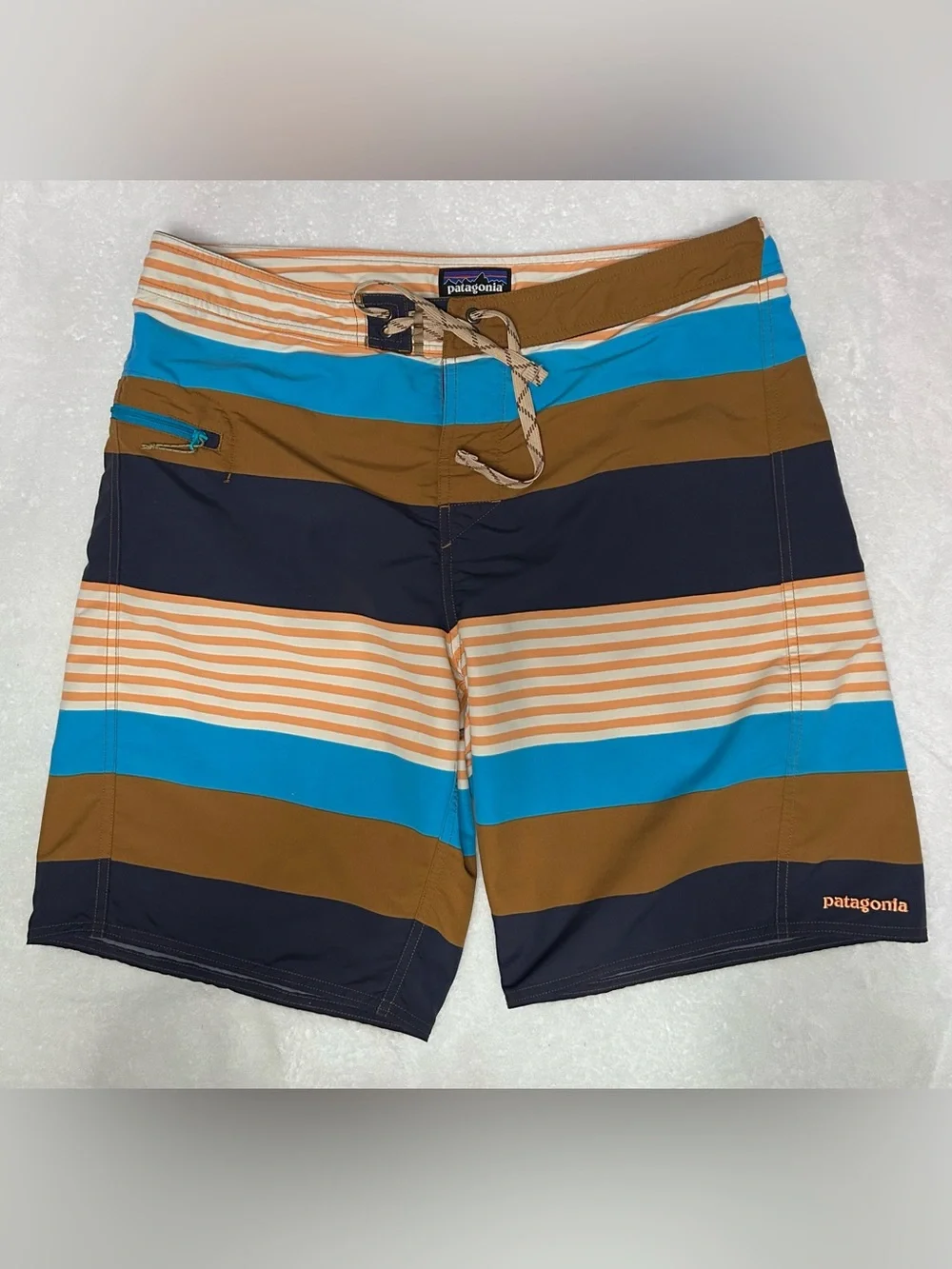 Patagonia Brown, Blue & Cream Striped Men’s Boardshorts